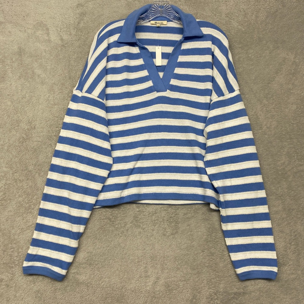 Madewell Top Womens XL Relaxed Polo Shirt Stripe Blue White Casual NY575 - Picture 3 of 9